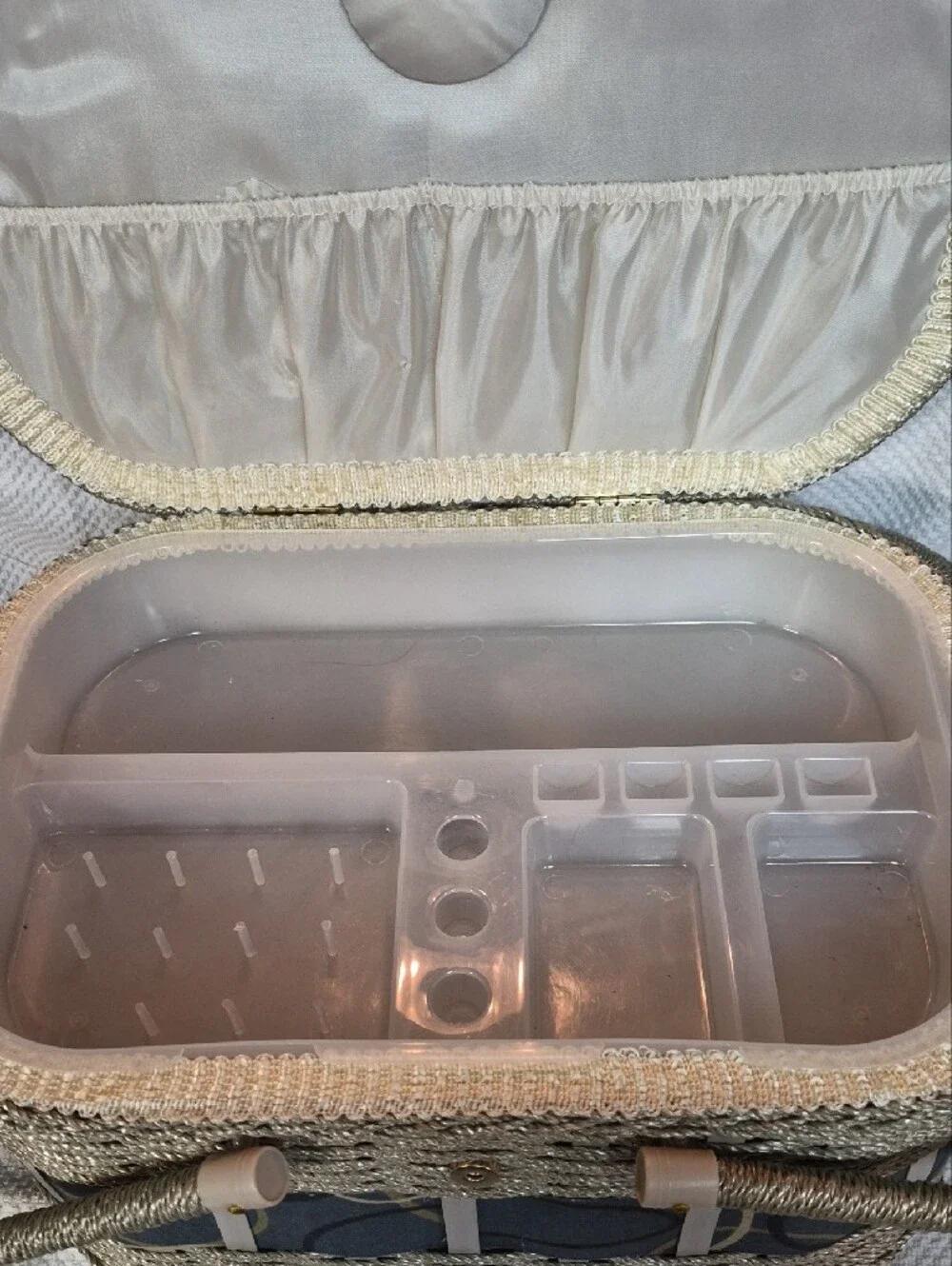 Woven Decorative Sewing Basket with Blue Pattern and Cream Trim Wooden Bottom